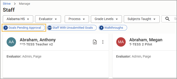 Staff management interface showing goals pending approval and teacher evaluations.